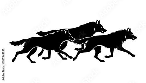 Running wolf pack silhouette vector, black wild wolves hunting in a group, predatory animal silhouettes for outdoor and wilderness design