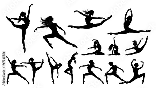 Graceful ballet dancer silhouettes set, elegant female gymnast poses in black vector icons, athletic woman dancing and stretching collection