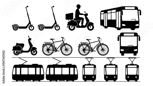 Urban transport silhouette icons, city mobility vector set with bus, tram, bicycle and electric scooter, public transportation and delivery moped