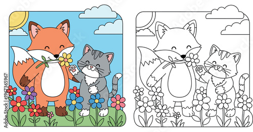 Cute orange fox holding flower with gray cat friend in garden, happy cartoon animals vector