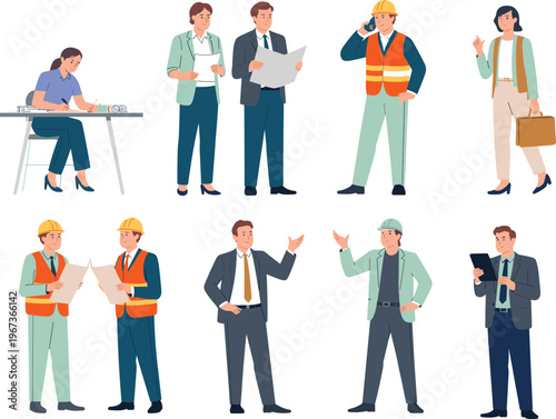 Engineering and business collaboration illustration with architects, construction workers, professionals, teamwork, communication, technical planning, project management background