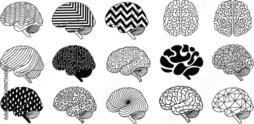 Flat vector illustration, human brain icons, collection, various patterns, digital circuitry, geometric shapes, creative thinking, mental health, psychology, intelligence, science.