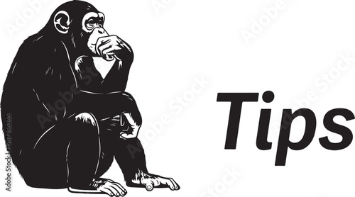 Black and white of a monkey thinking with text gorilla