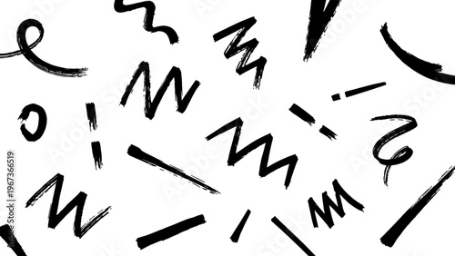 Hand drawn brush strokes and scribbles, black ink doodle elements on white background, abstract charcoal texture vector set for graphic design