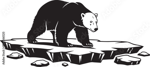 Black and white of a polar bear on a melting ice floe