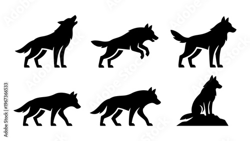 Wolf silhouette vector set with 6 animal icons, howling wolf and running predator silhouettes, black wildlife wolf pack graphics for logos