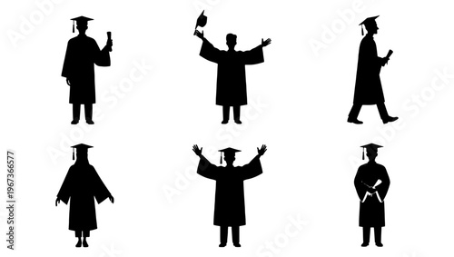 Graduation student silhouettes in academic gowns, set of 6 vector figures wearing mortarboards and holding diplomas, university commencement icons