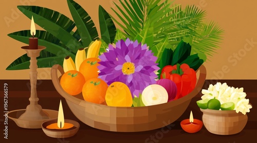 Colorful Fruit and Vegetable Arrangement on a Table With Candles and Plants