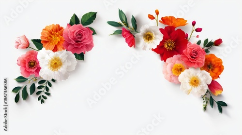 Colorful Flowers Arranged on a White Surface for a Decorative Display in a Bright Setting