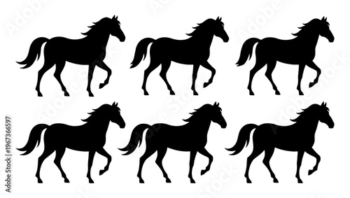 Black horse silhouette collection, set of 6 stallion vector icons, walking equine animal shapes, minimalist equestrian graphic elements for logo design