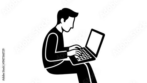 Minimalist man working on laptop vector icon, professional male freelancer using computer, black and white person typing on notebook keyboard