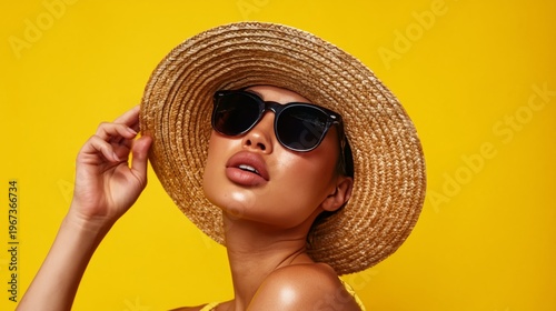 Woman Poses With Sunglasses and Straw Hat Against a Bright Yellow Background ...