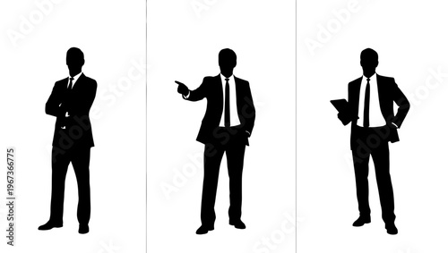 Professional businessman silhouette set, corporate male figures in formal suits, 3 executive poses for business presentations and web design
