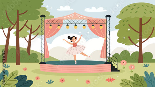 Young ballerina girl performing on outdoor stage in park with pink tent and trees