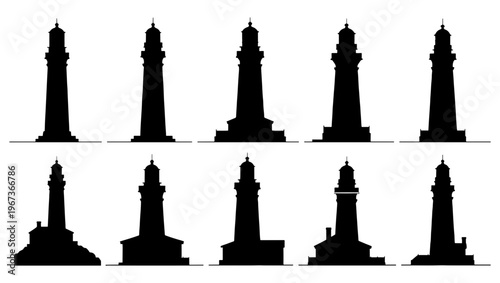 Black lighthouse silhouette collection, set of 10 nautical beacon icons, coastal maritime tower vector shapes for marine navigation and travel design