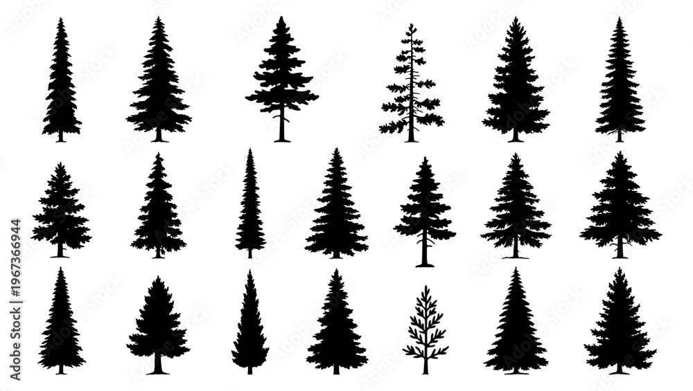 Obraz premium Black pine tree silhouettes, collection of 18 conifer evergreen tree icons, minimalist forest fir and spruce vector elements for nature design