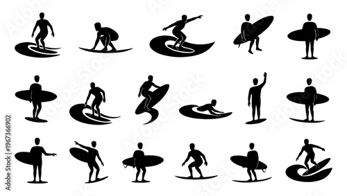 Surfing silhouette icons set, black surfer figures riding ocean waves, 18 minimalist water sports vector elements for summer beach designs