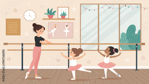 Ballet teacher guides young students in stretching exercises at ballet barre in a dance studio with large window