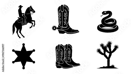 Vintage wild west silhouette collection, 6 western icons including cowboy on horse and boots, rustic desert elements and sheriff star vector set