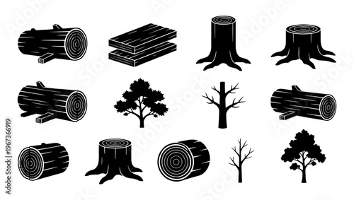 Vintage wood industry icons set, black timber logs and tree stumps vector collection, lumberjack forestry symbols for woodworking branding