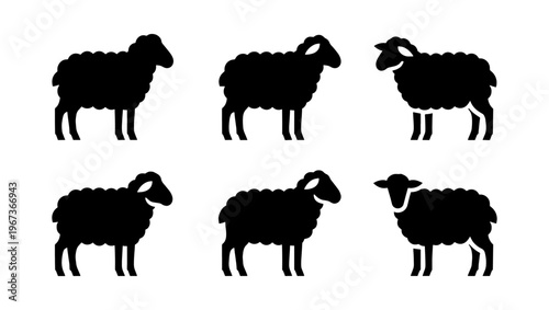 Black sheep silhouette icons set, minimalist farm animal vector graphics, 6 woolly lamb profile symbols for agricultural branding and logo design
