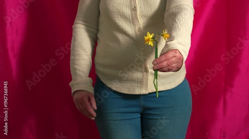 Woman holding a bunch of daffodil as gift pink background