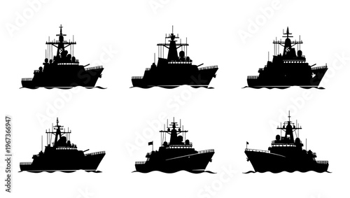 Military warship silhouette collection, set of 6 navy destroyer and frigate vector icons, black battleship profiles on white background