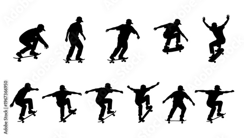 Skateboarder silhouette collection with 11 vector elements, urban skating action poses, black skate park athlete figures on white background