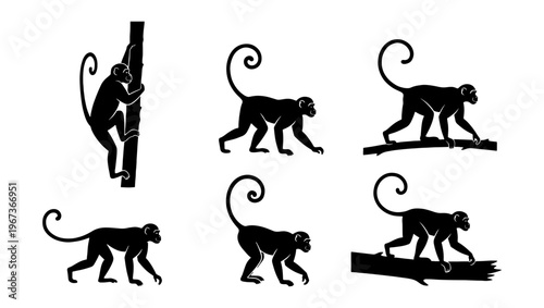 Black monkey silhouette collection, set of 6 primate vector icons, wild monkey climbing and walking on branches, jungle animal silhouettes