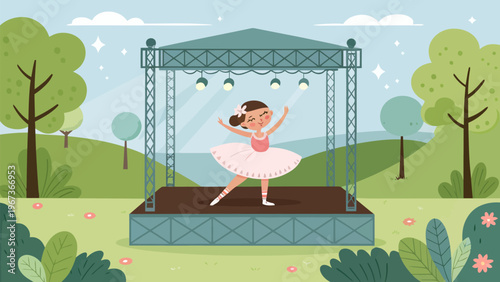 Young ballerina girl performing on outdoor stage in park with trees and flowers