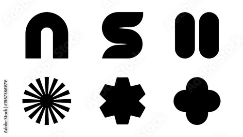 Minimalist black geometric logo elements, set of 6 abstract vector icons, modern brutalist graphic shapes for corporate branding and identity design