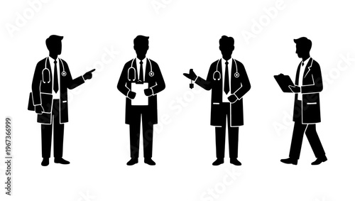 Medical doctor silhouette set, male physician characters in lab coats with stethoscopes, professional healthcare worker vector icons for hospital infographics