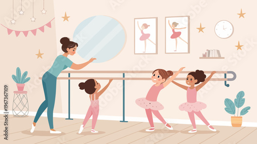 Ballet teacher guiding young girls in stretching exercises at ballet barre in a dance studio with pink decor
