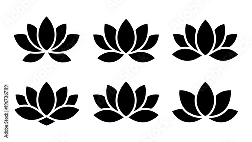Minimalist lotus flower silhouette icons, set of 6 black floral vector elements, zen yoga and wellness branding symbols on white background