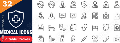 Set of medical and healthcare icons featuring doctors nurses equipment and hospital facilities