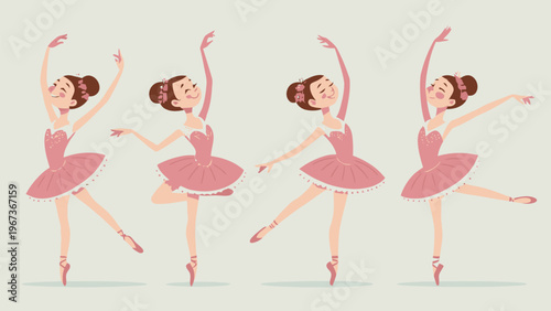 Four pink ballerina cartoon characters in various dance poses on light background