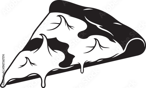 Black and white of a slice of pizza with melted cheese