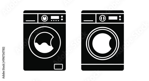Two modern washing machines presented as a striking black silhouette