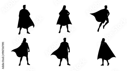 Superhero silhouette collection, 6 heroic character vector set with capes, powerful male and female hero figures in standing and flying poses