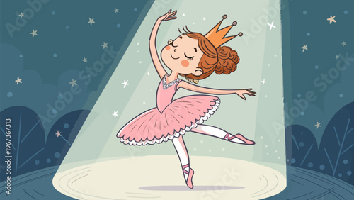 Cartoon ballerina princess wearing crown dancing on stage under spotlight with stars