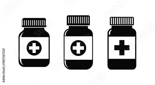 Three medicine bottles with medical symbols a stark black silhouette