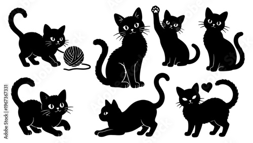 Black cat silhouette collection with 7 vector elements, cute kitten characters in various poses, playful feline pets with yarn ball and heart