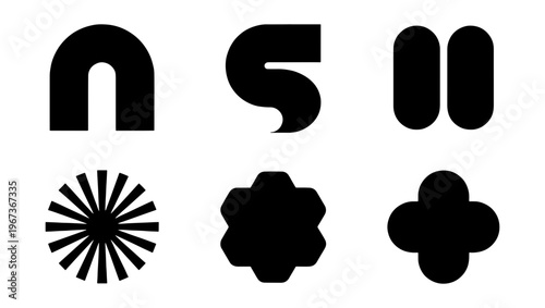 Minimalist geometric logo marks, set of 6 abstract black vector icons, modern brutalist graphic elements for corporate branding and visual identity