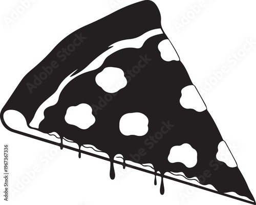 Black and white of a slice of pizza with melted cheese and toppings