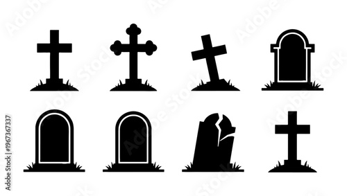 Gothic gravestone silhouette icons, set of 8 cemetery headstones and crosses, spooky halloween graveyard vector elements for funeral or horror design