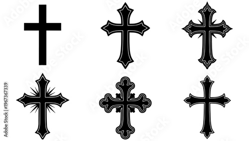 Gothic Christian cross vector set, 6 black religious crucifix icons, ornate medieval and celtic cross silhouettes for tattoo and graphic design
