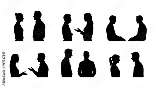 Professional people silhouettes in conversation, set of black human figures talking and interacting, diverse business communication vector icons