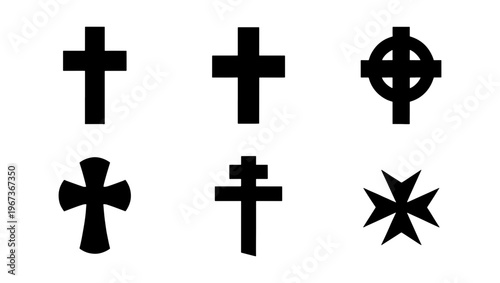 Christian cross icon set with 6 vector silhouettes, religious crucifix symbols for church branding, black spiritual cross shapes on white background