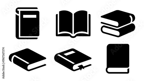 Minimalist book icon set, black silhouette library symbols, collection of 6 vector book illustrations for education and literature design