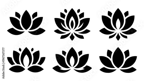 Minimalist lotus flower icons, set of 6 black floral vector silhouettes, zen lily blossom symbols for yoga and wellness branding